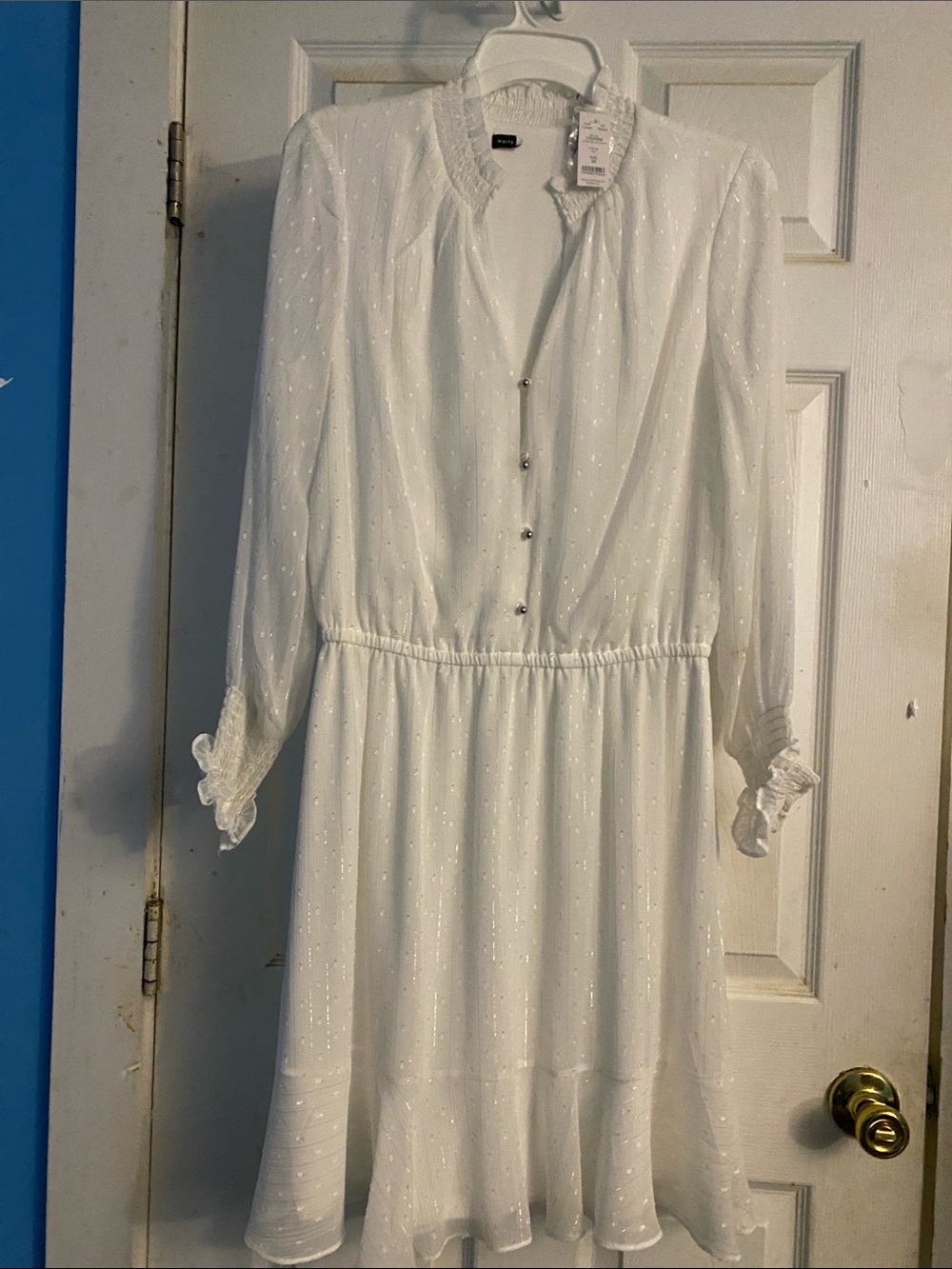White House Black Market White Long Sleeve Swiss Dot Ruffle Dress